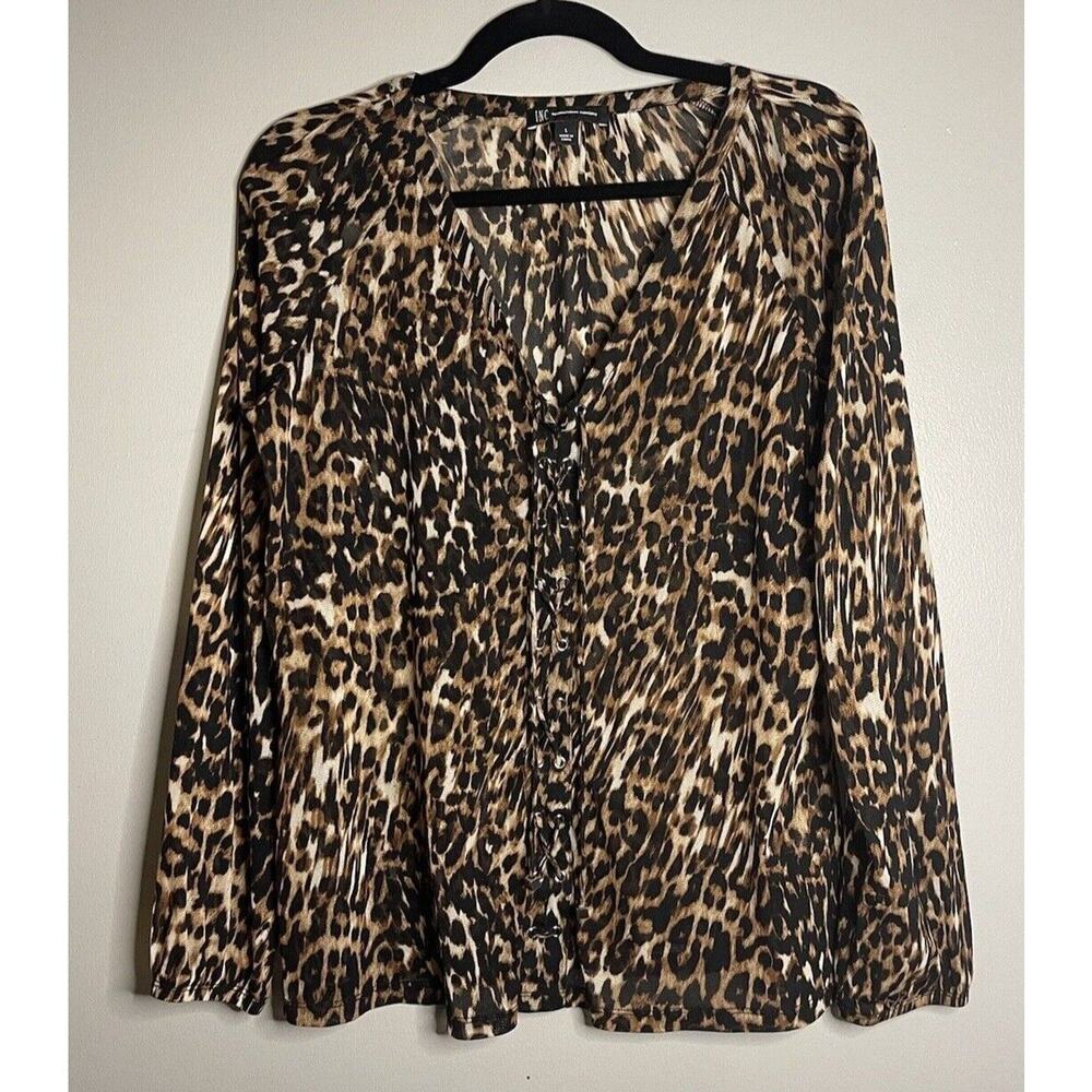 INC Large Blouse Sheer Animal Print Cheetah Leopard Lace-Up Elastic Cuff Metal